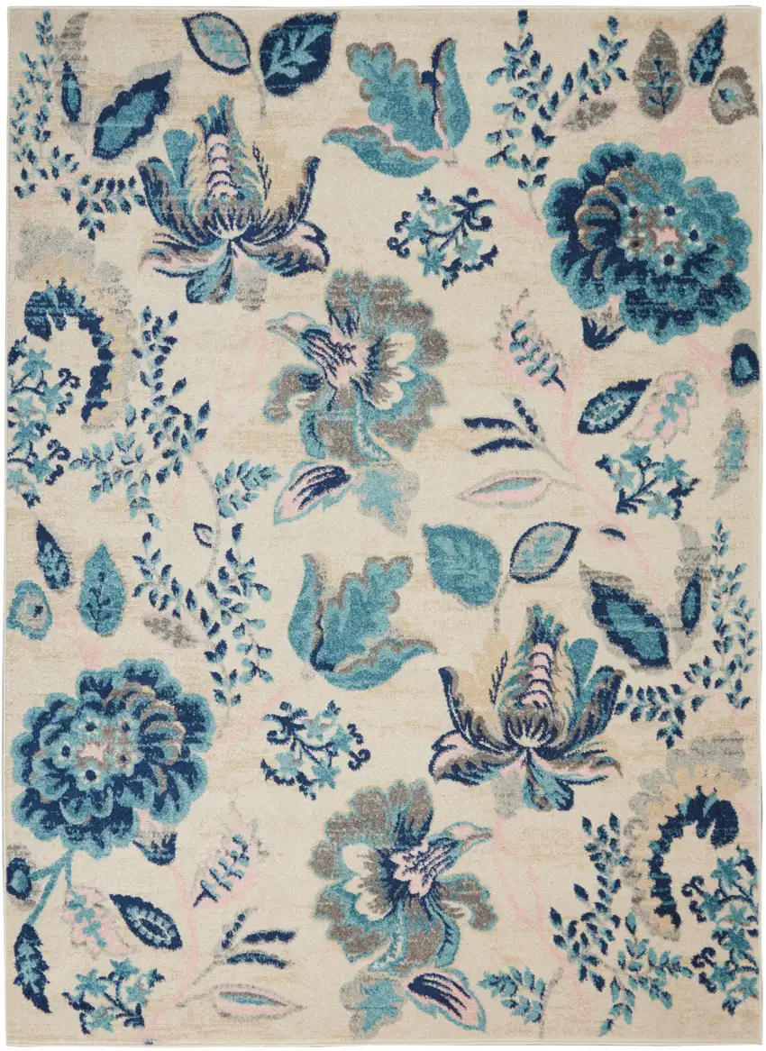 Ivory Navy Blue And Light Blue Floral Area Rug Photo 1