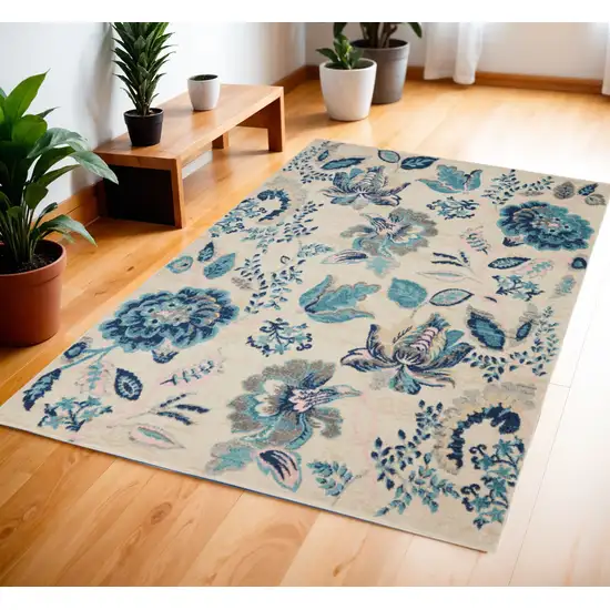 Ivory Navy Blue And Light Blue Floral Area Rug Photo 2