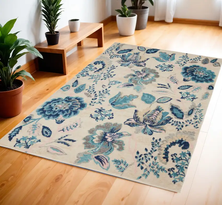 Ivory Navy Blue And Light Blue Floral Area Rug Photo 2