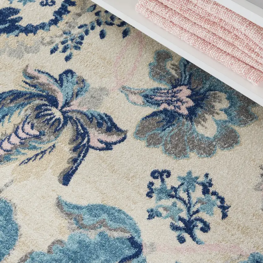 Ivory Navy Blue And Light Blue Floral Area Rug Photo 7