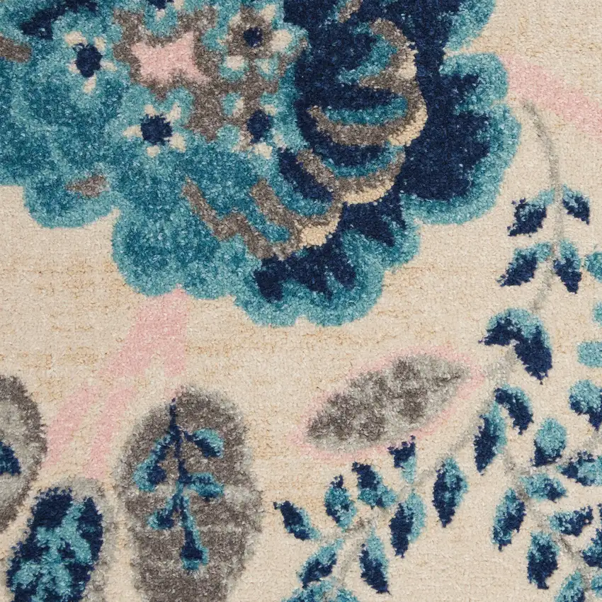Ivory Navy Blue And Light Blue Floral Area Rug Photo 8