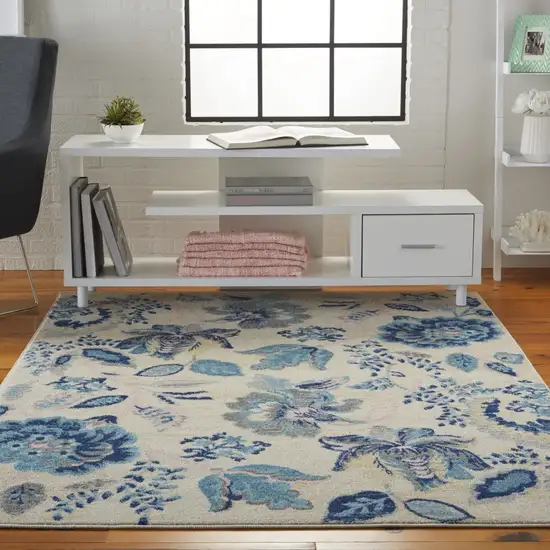 Ivory Navy Blue And Light Blue Floral Area Rug Photo 3