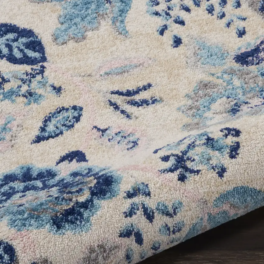 Ivory Navy Blue And Light Blue Floral Area Rug Photo 6