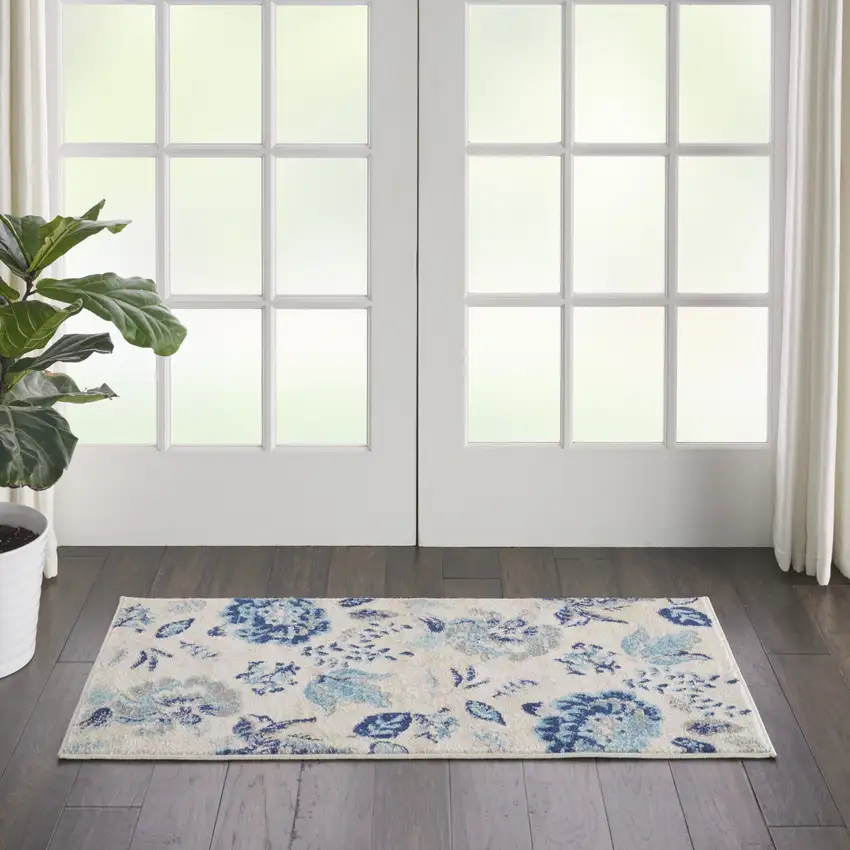 Ivory Navy Blue And Light Blue Floral Area Rug Photo 6