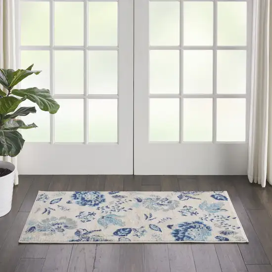Ivory Navy Blue And Light Blue Floral Area Rug Photo 3