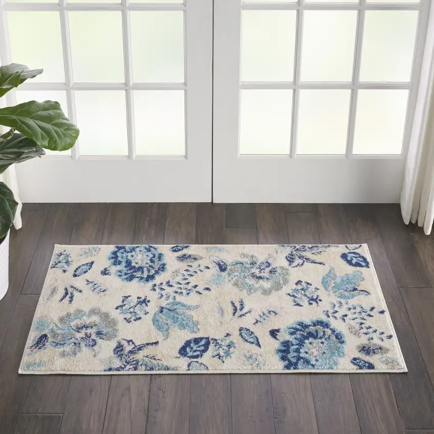 Ivory Navy Blue And Light Blue Floral Area Rug Photo 4