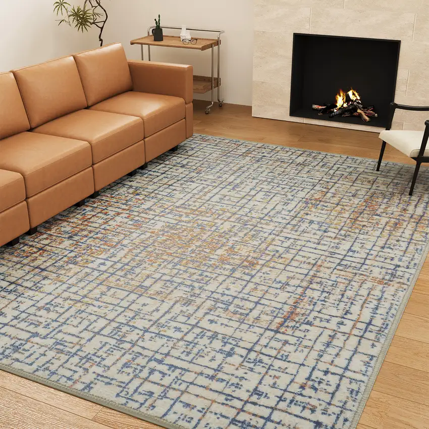 Ivory Navy Blue And Rust Crosshatch Area Rug Photo 7