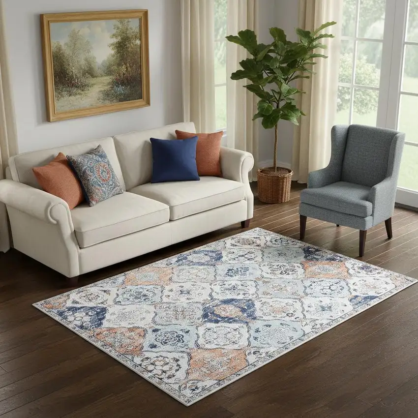 Ivory Navy Blue And Terra Cotta Quatrefoil Distressed Area Rug Photo 1