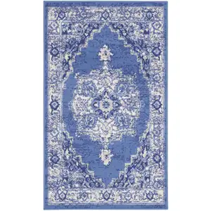 Photo of Ivory Navy Blue and Beige Floral Medallion Area Rug