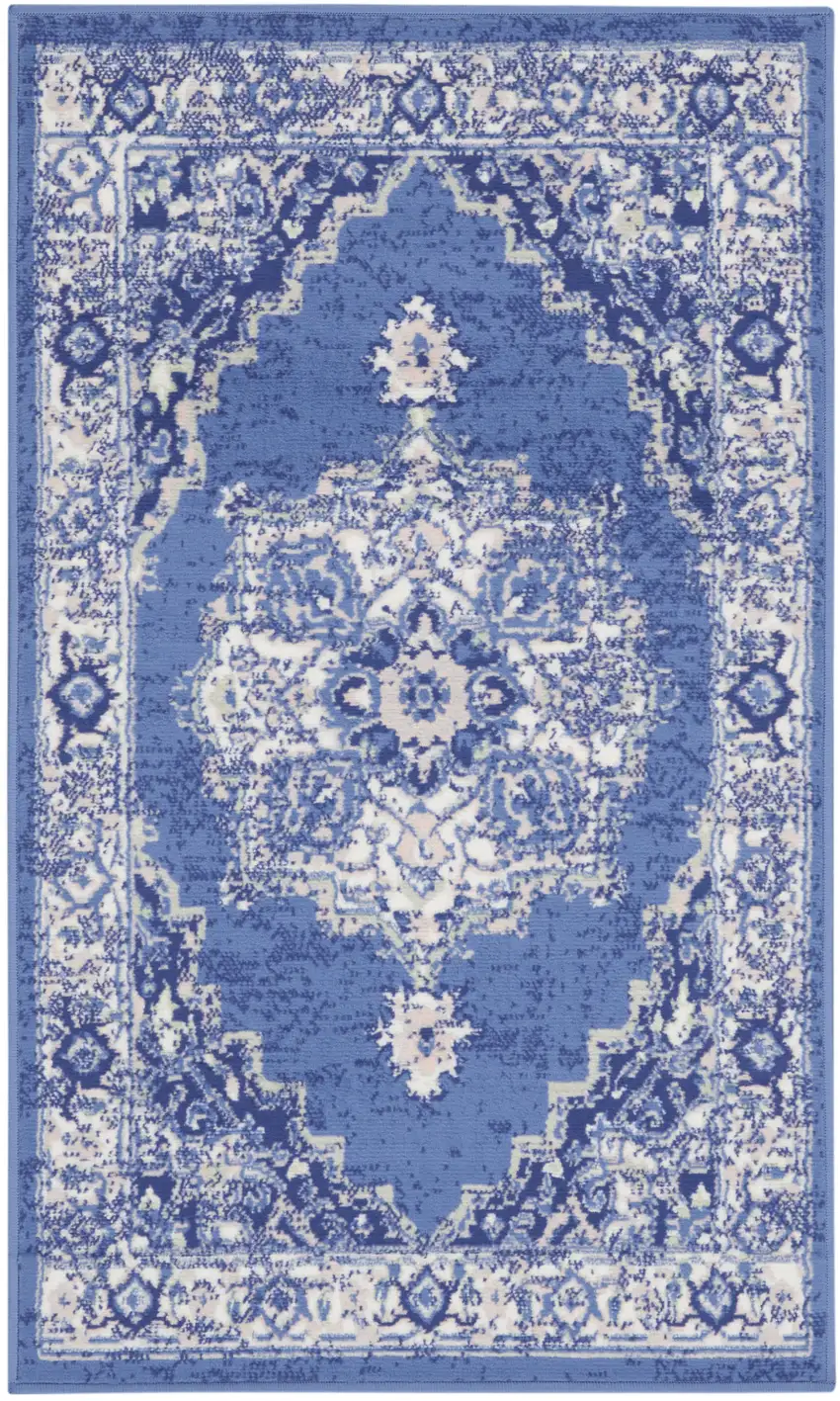 Ivory Navy Blue and Beige Floral Medallion Area Rug Photo 2