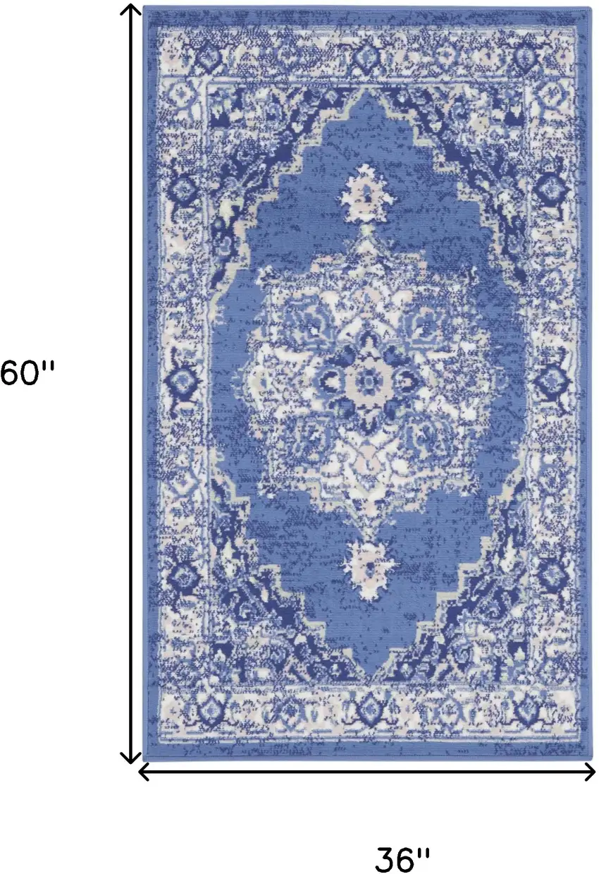 Ivory Navy Blue and Beige Floral Medallion Area Rug Photo 3