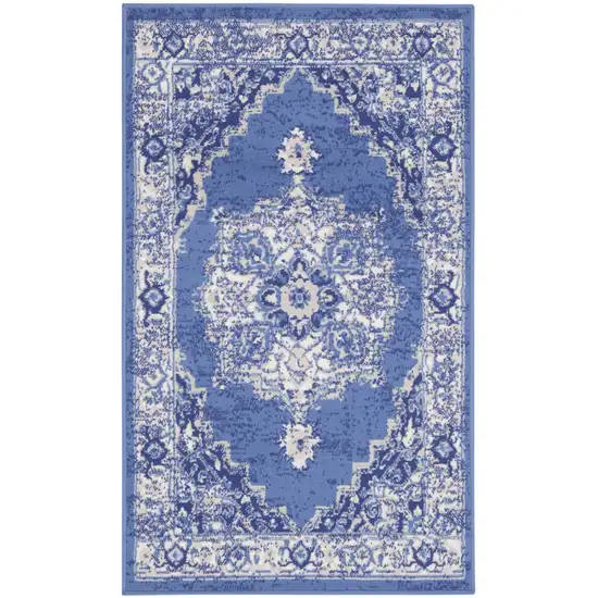 Ivory Navy Blue and Beige Floral Medallion Area Rug Photo 1