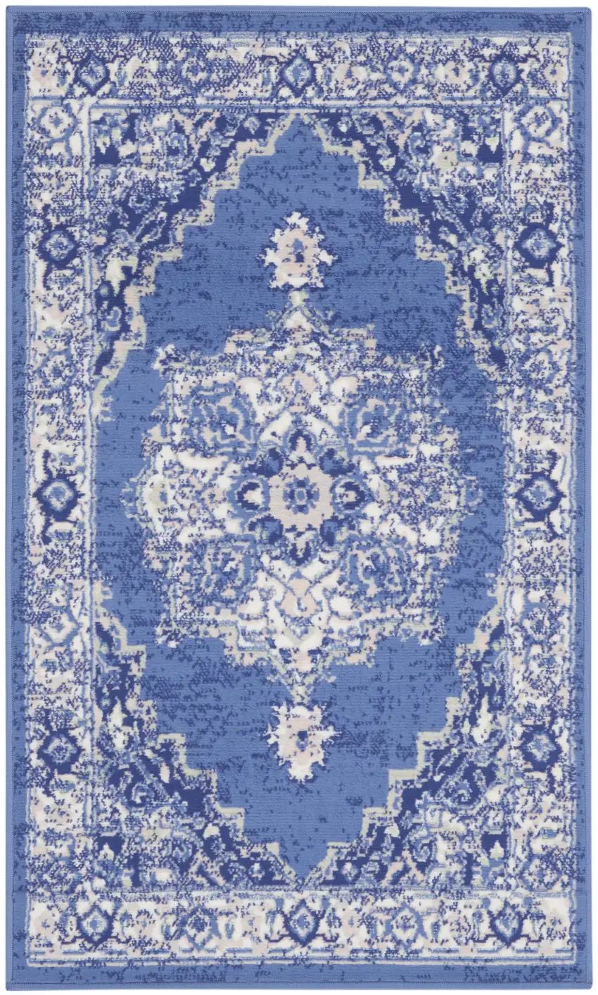 Ivory Navy Blue and Beige Floral Medallion Area Rug Photo 1