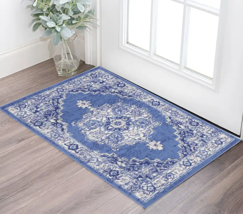 Ivory Navy Blue and Beige Floral Medallion Area Rug Photo 1