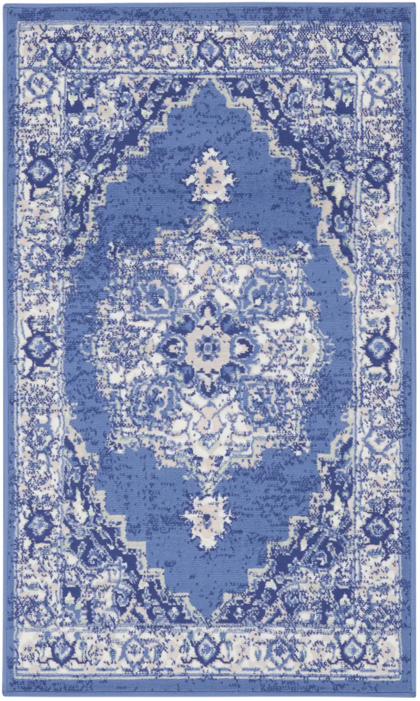 Ivory Navy Blue and Beige Floral Medallion Area Rug Photo 8