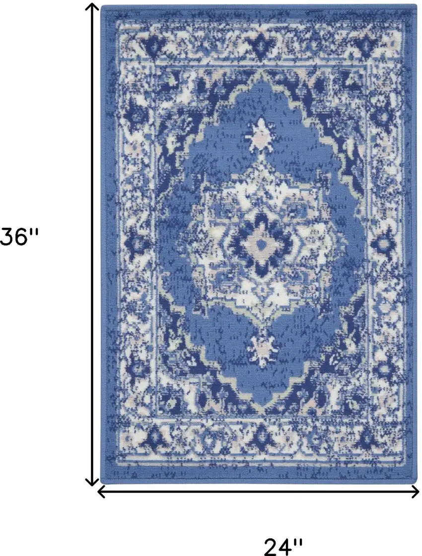 Ivory Navy Blue and Beige Floral Medallion Area Rug Photo 3