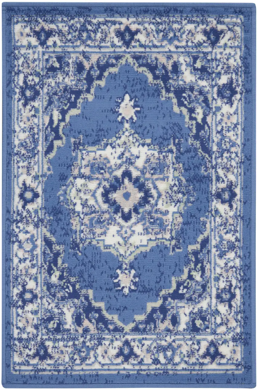 Ivory Navy Blue and Beige Floral Medallion Area Rug Photo 4