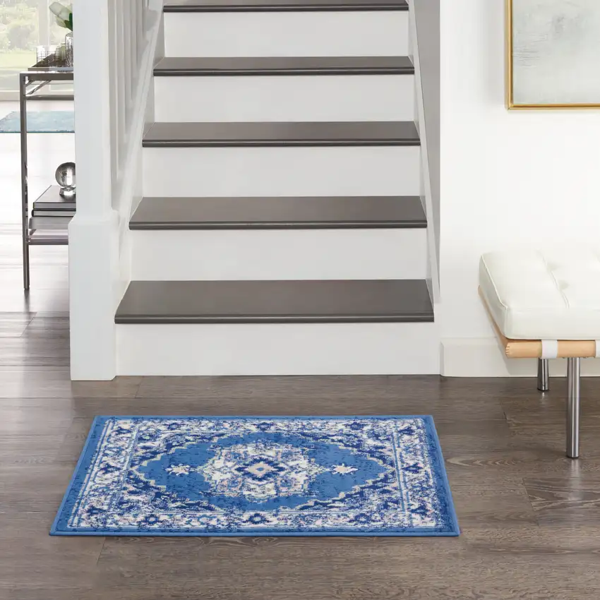 Ivory Navy Blue and Beige Floral Medallion Area Rug Photo 9