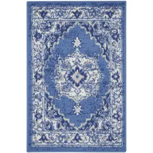 Photo of Ivory Navy Blue and Beige Floral Medallion Area Rug