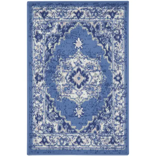 Ivory Navy Blue and Beige Floral Medallion Area Rug Photo 1