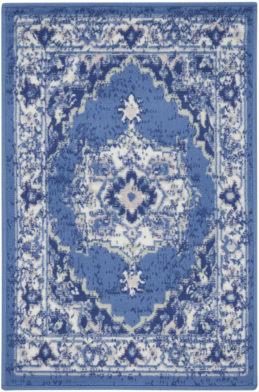 Ivory Navy Blue and Beige Floral Medallion Area Rug Photo 1