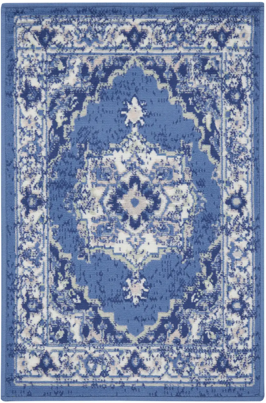 Ivory Navy Blue and Beige Floral Medallion Area Rug Photo 2