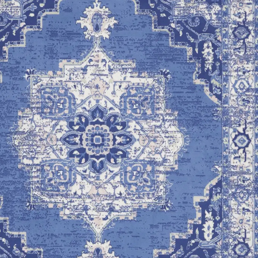 Ivory Navy Blue and Beige Floral Medallion Distressed Non Skid Area Rug Photo 7