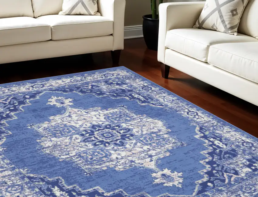 Ivory Navy Blue and Beige Floral Medallion Distressed Non Skid Area Rug Photo 1
