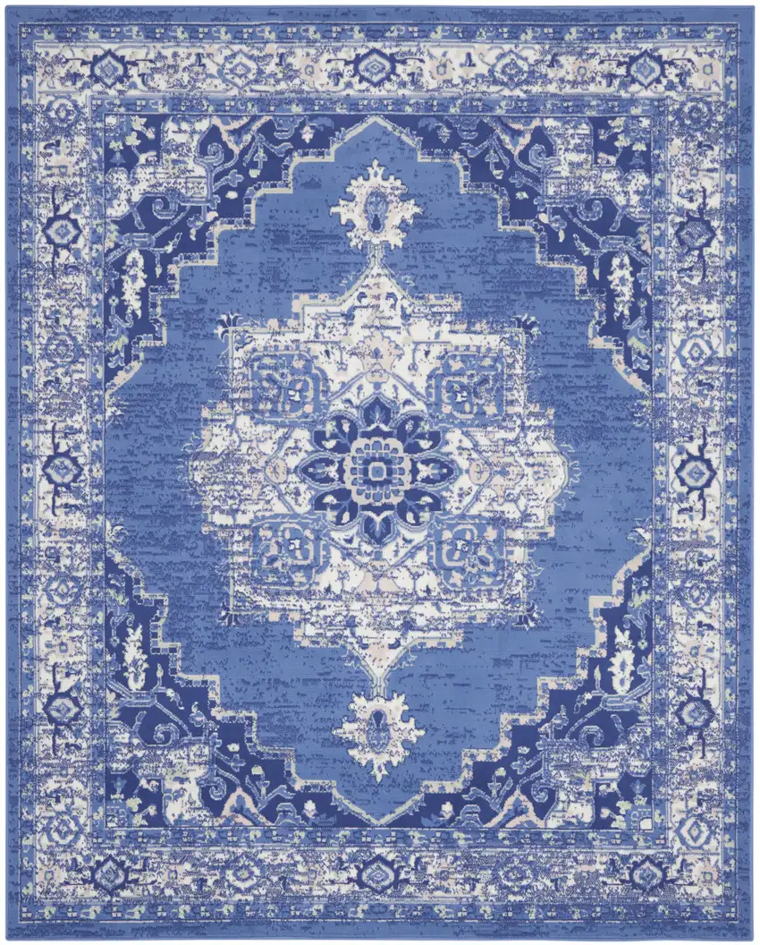 Ivory Navy Blue and Beige Floral Medallion Distressed Non Skid Area Rug Photo 2