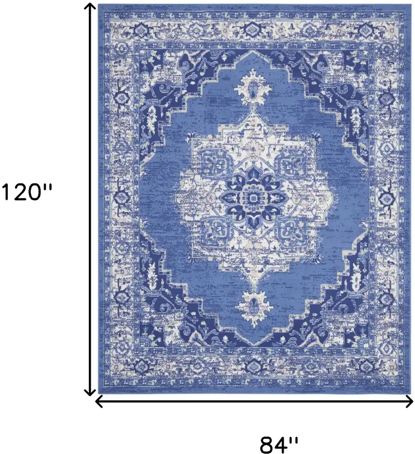 Ivory Navy Blue and Beige Floral Medallion Distressed Non Skid Area Rug Photo 3