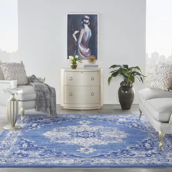 Ivory Navy Blue and Beige Floral Medallion Distressed Non Skid Area Rug Photo 6