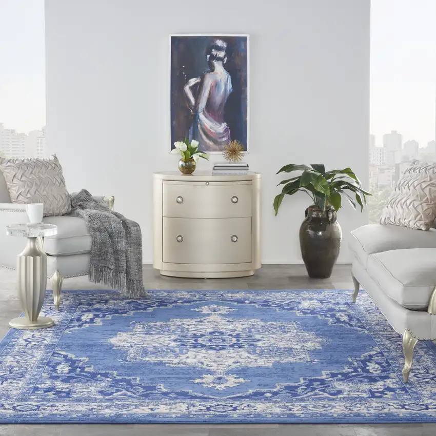 Ivory Navy Blue and Beige Floral Medallion Distressed Non Skid Area Rug Photo 6