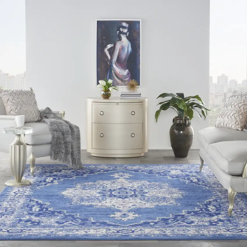 Ivory Navy Blue and Beige Floral Medallion Distressed Non Skid Area Rug Photo 7