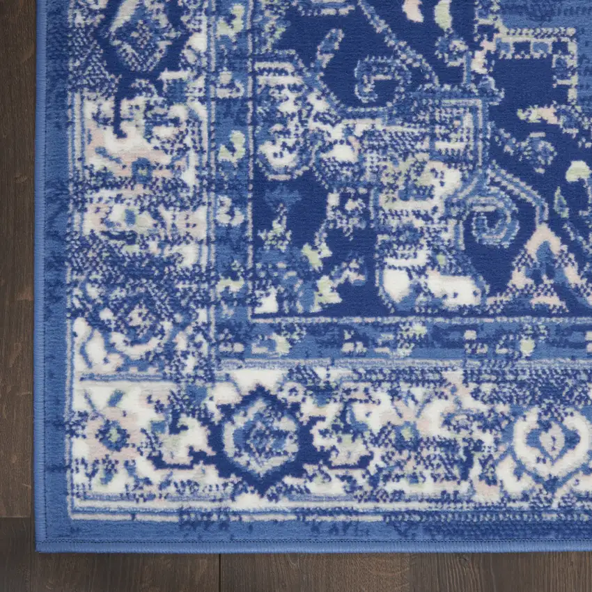 Ivory Navy Blue and Beige Floral Medallion Distressed Non Skid Area Rug Photo 9
