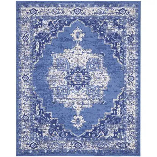 Ivory Navy Blue and Beige Floral Medallion Distressed Non Skid Area Rug Photo 1