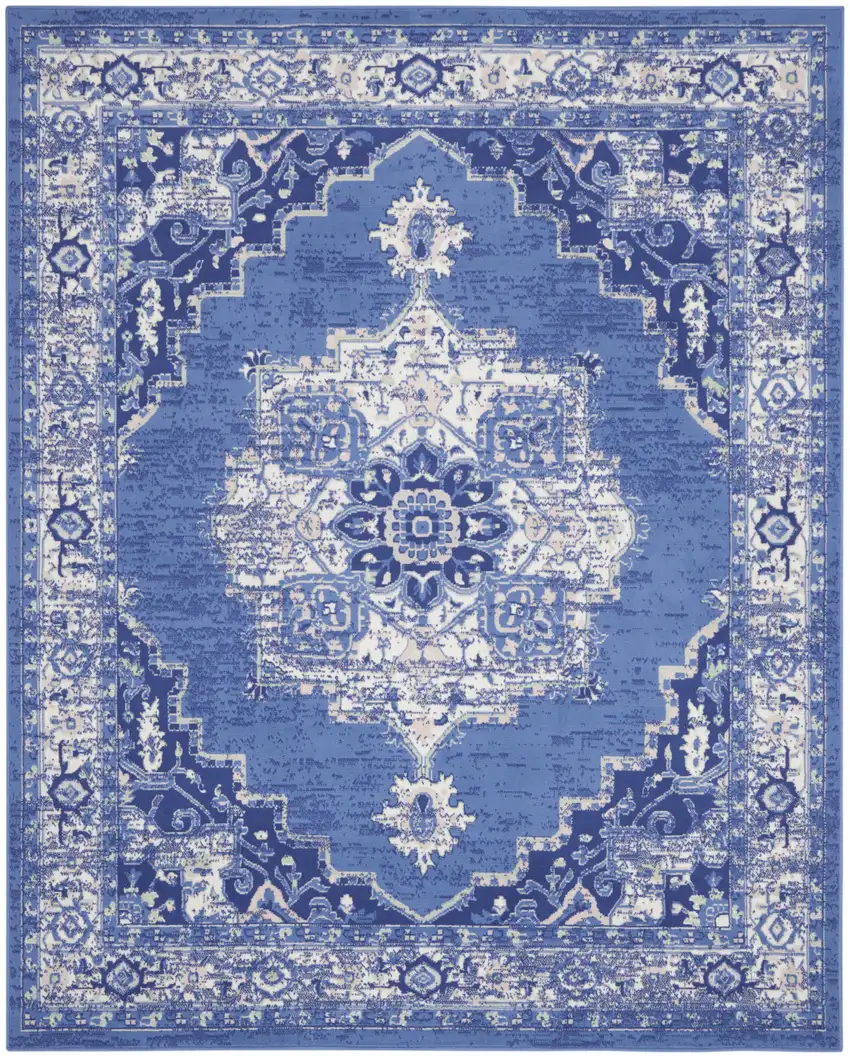 Ivory Navy Blue and Beige Floral Medallion Distressed Non Skid Area Rug Photo 1