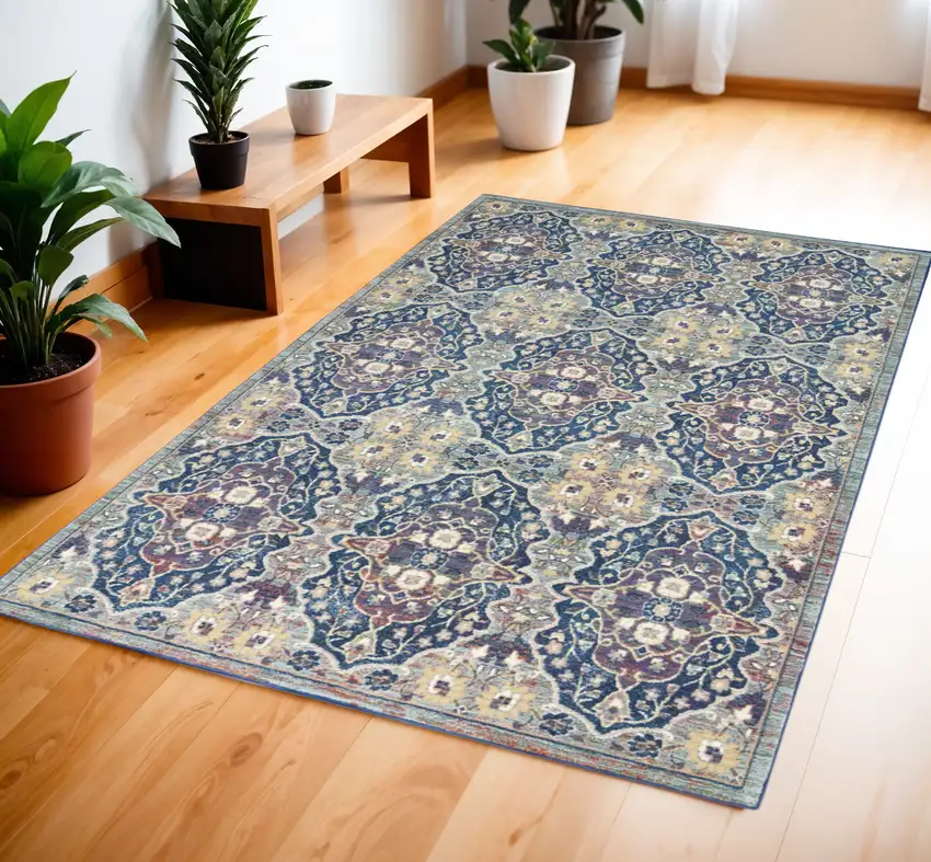 Ivory Navy Blue and Yellow Floral Distressed Non Skid Area Rug Photo 1