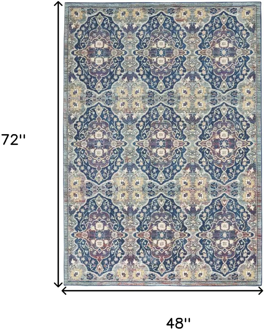 Ivory Navy Blue and Yellow Floral Distressed Non Skid Area Rug Photo 3