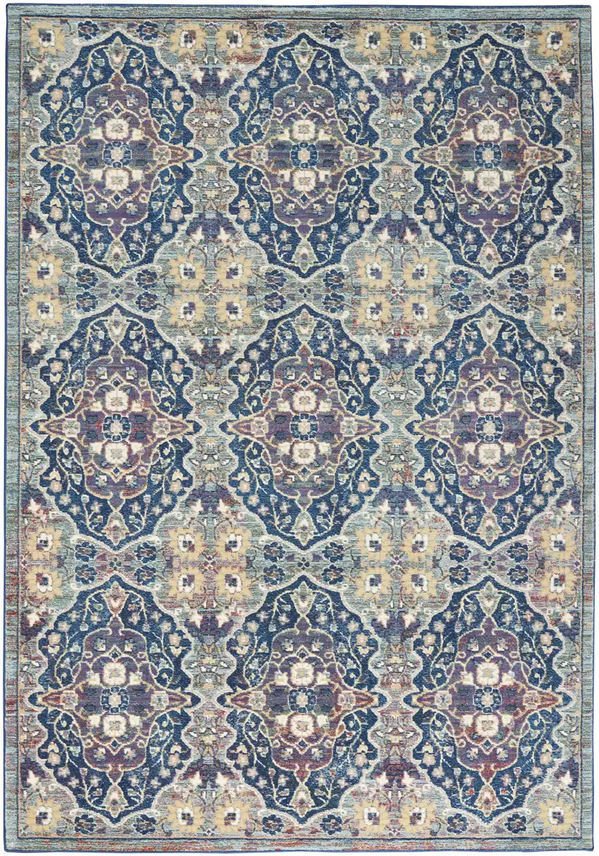 Ivory Navy Blue and Yellow Floral Distressed Non Skid Area Rug Photo 9