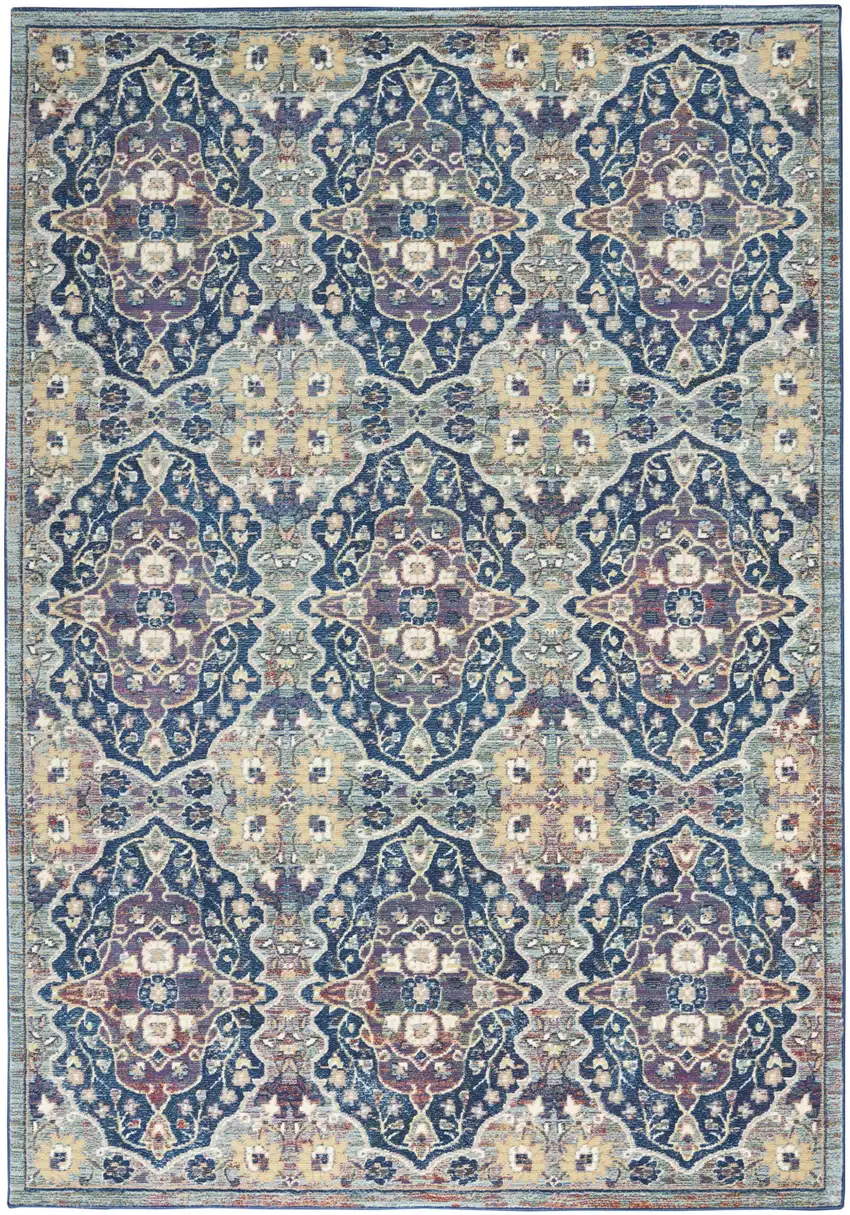 Ivory Navy Blue and Yellow Floral Distressed Non Skid Area Rug Photo 2