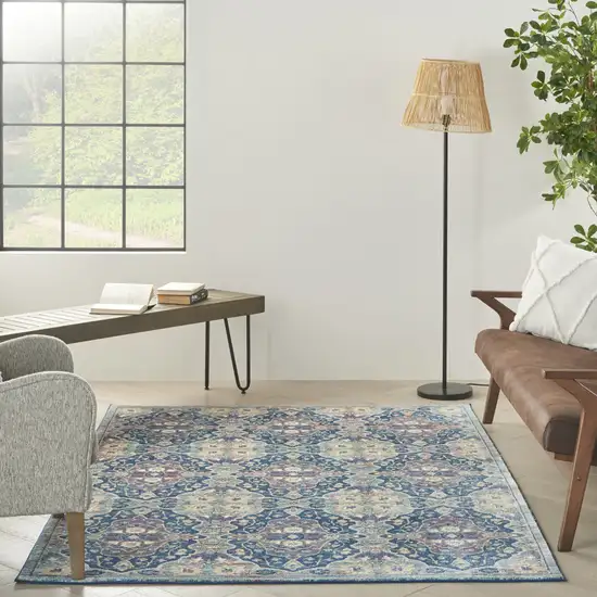 Ivory Navy Blue and Yellow Floral Distressed Non Skid Area Rug Photo 6