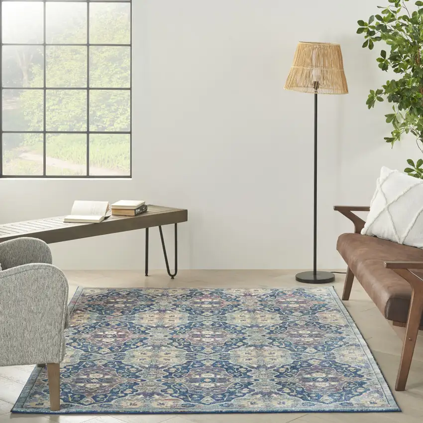 Ivory Navy Blue and Yellow Floral Distressed Non Skid Area Rug Photo 6