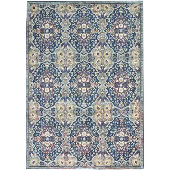 Ivory Navy Blue and Yellow Floral Distressed Non Skid Area Rug Photo 9