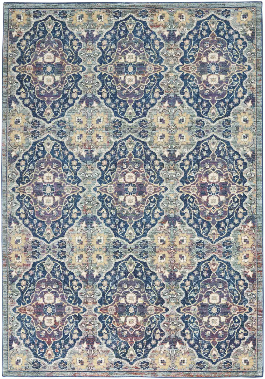 Ivory Navy Blue and Yellow Floral Distressed Non Skid Area Rug Photo 1