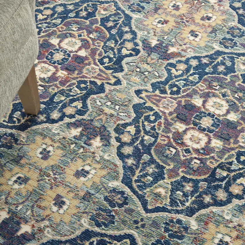 Ivory Navy Blue and Yellow Floral Distressed Non Skid Area Rug Photo 7