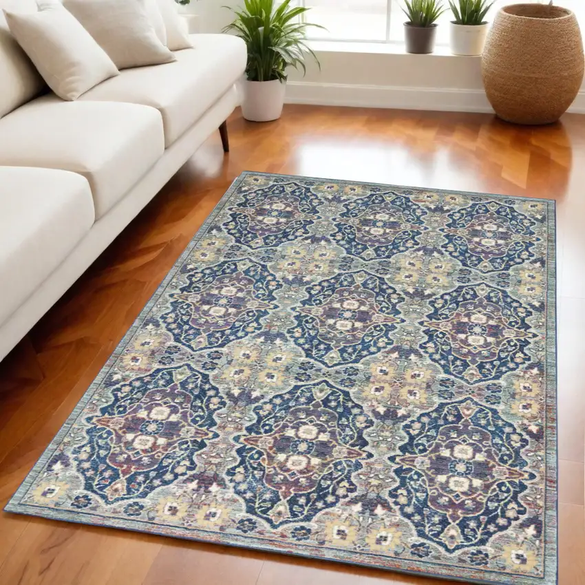 Ivory Navy Blue and Yellow Floral Distressed Non Skid Area Rug Photo 1