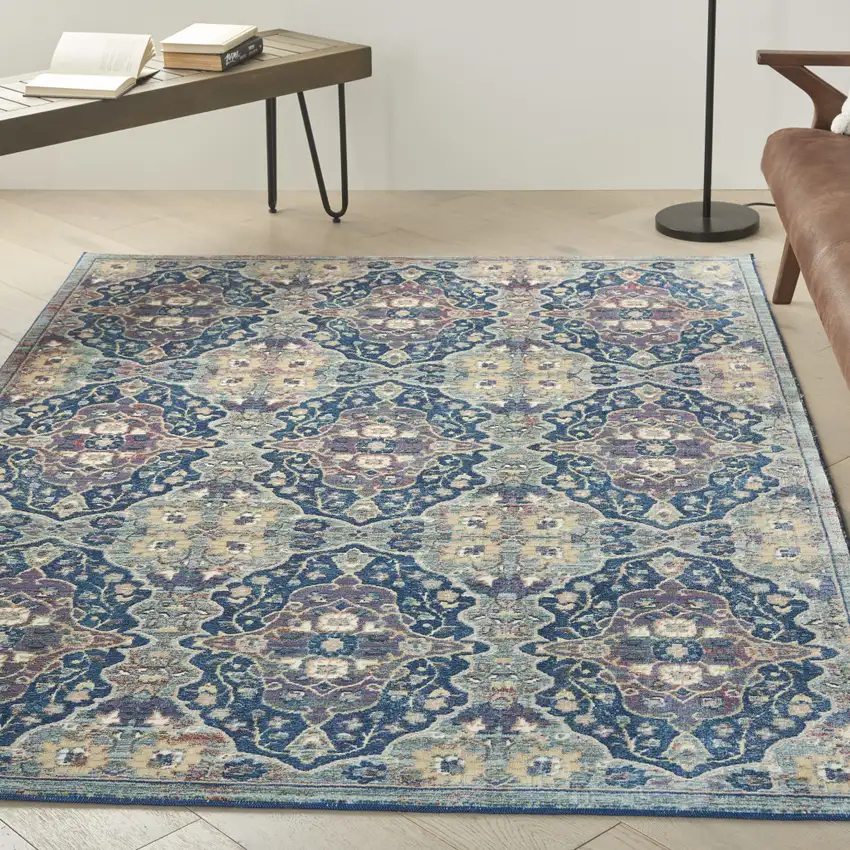 Ivory Navy Blue and Yellow Floral Distressed Non Skid Area Rug Photo 3