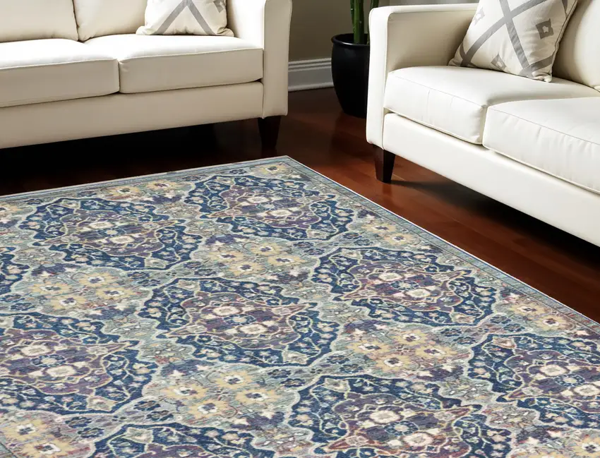 Ivory Navy Blue and Yellow Floral Distressed Non Skid Area Rug Photo 1