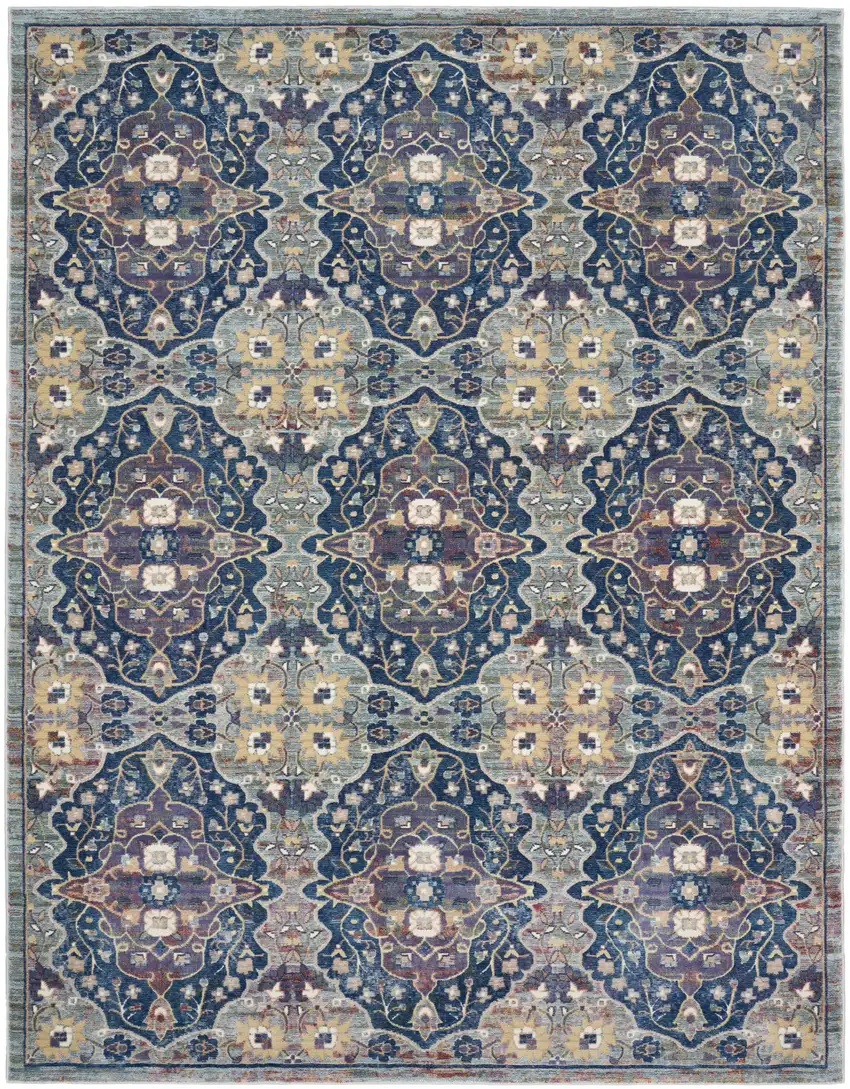 Ivory Navy Blue and Yellow Floral Distressed Non Skid Area Rug Photo 2