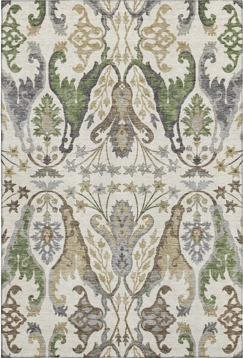 Ivory Olive Green And Brown Floral Washable Area Rug With UV Protection Photo 1